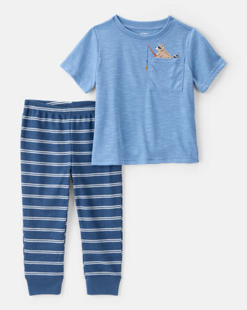 Toddler Boy 2-Piece Fishing Raccoon Loose Fit Pajamas - Blue, 