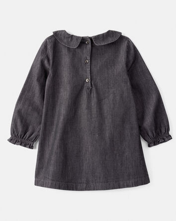 Toddler Girl Floral Motif Chambray Long-Sleeve Dress - Grey, 