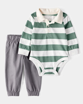Baby Boy 2-Piece Striped Polo Bodysuit & Pull-On Pant Set, 