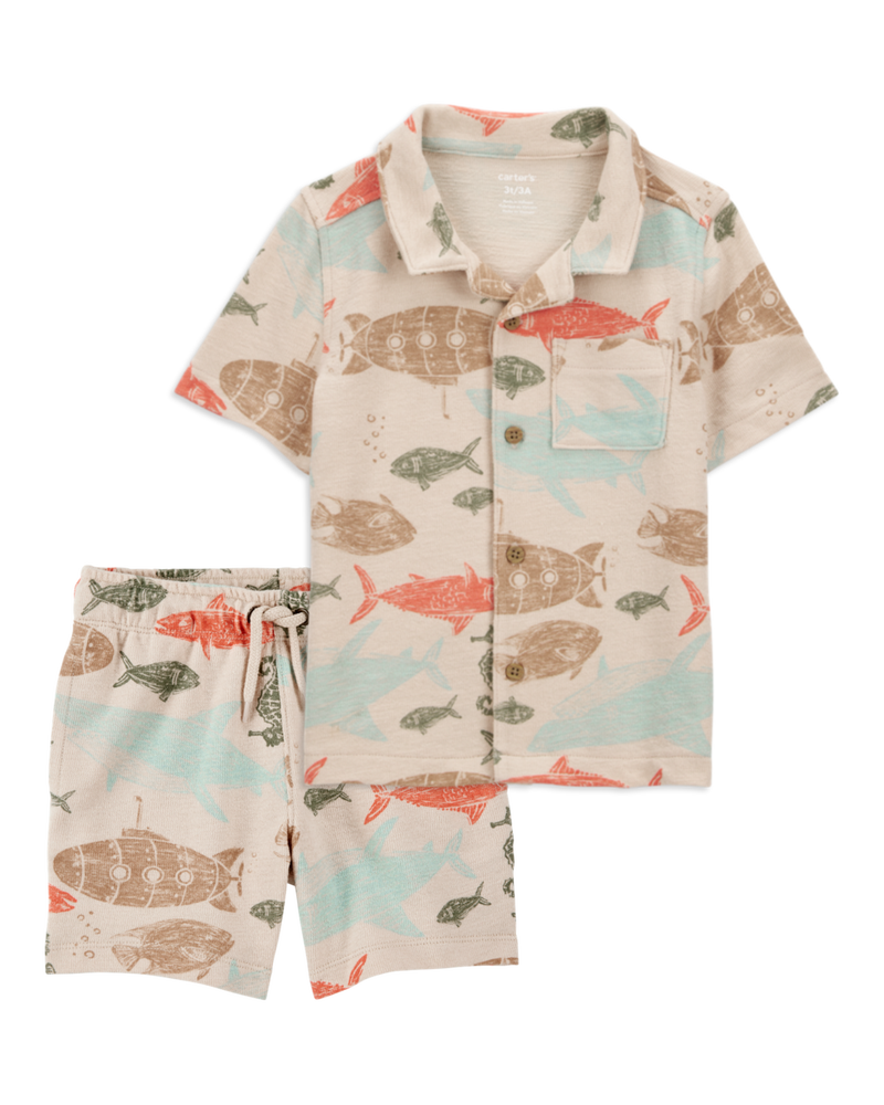Baby 2-Piece Sea Print Button-Down Shirt & Pull-On Shorts Set, image 1 of 6 slides