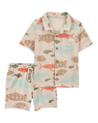 Baby 2-Piece Sea Print Button-Down Shirt & Pull-On Shorts Set, image 1 of 6 slides
