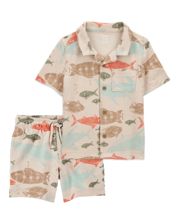 Baby 2-Piece Sea Print Button-Down Shirt & Pull-On Shorts Set, 