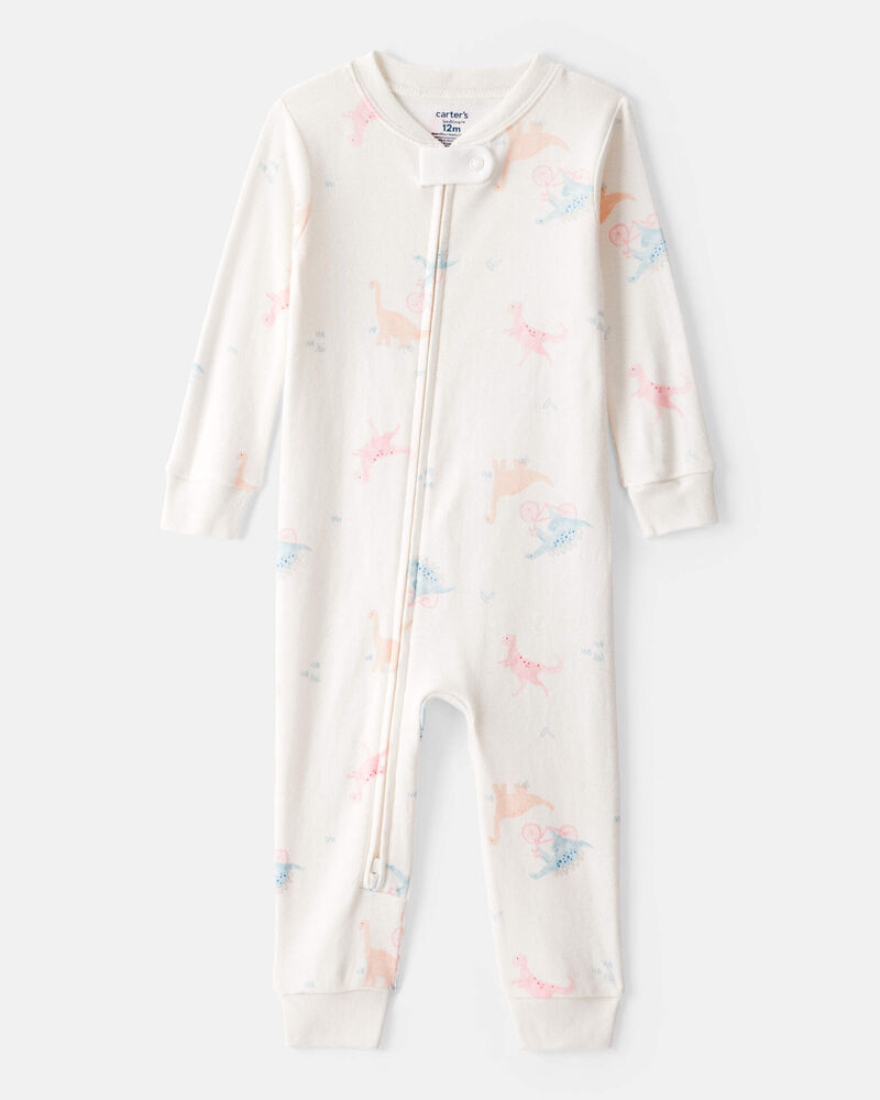 Toddler Girl Dinosaur 100% Cotton Long-Sleeve 1-Piece Pajamas - White, image 1 of 3 slides