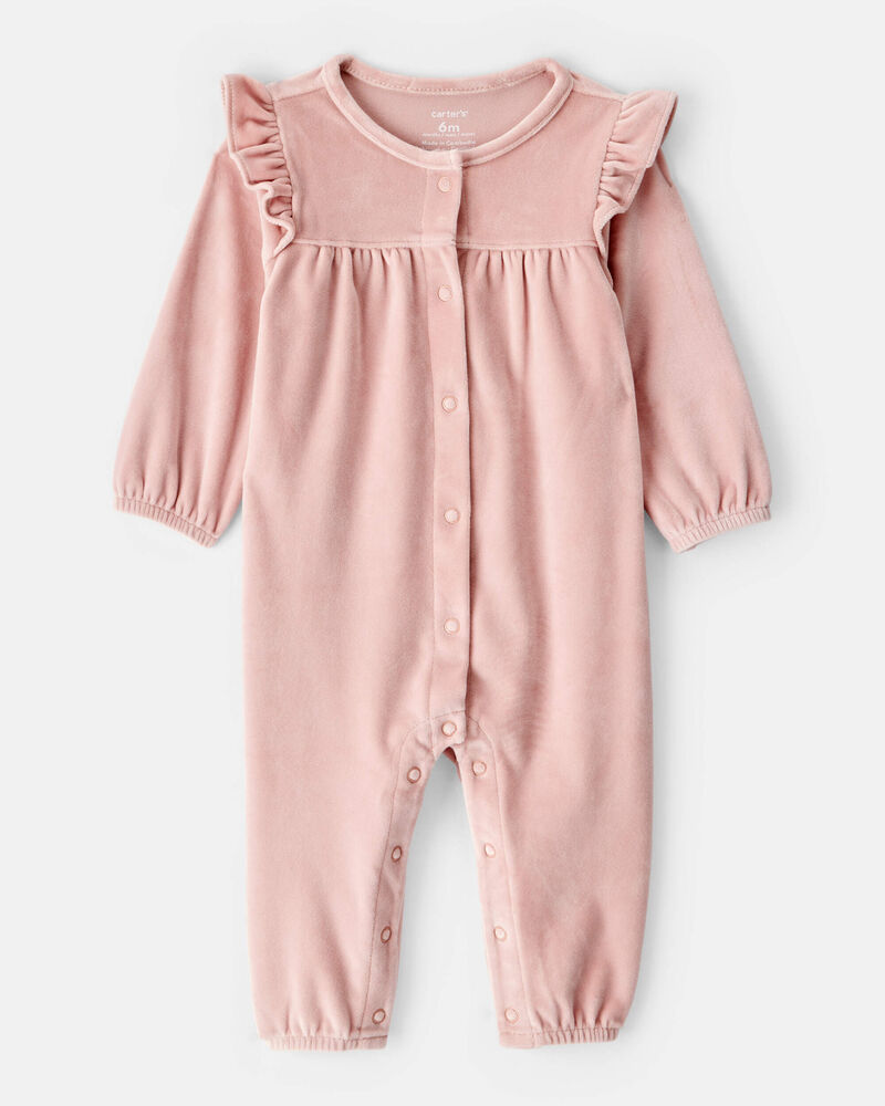 Baby Girl Velour Long-Sleeve Jumpsuit - Pink, image 1 of 3 slides