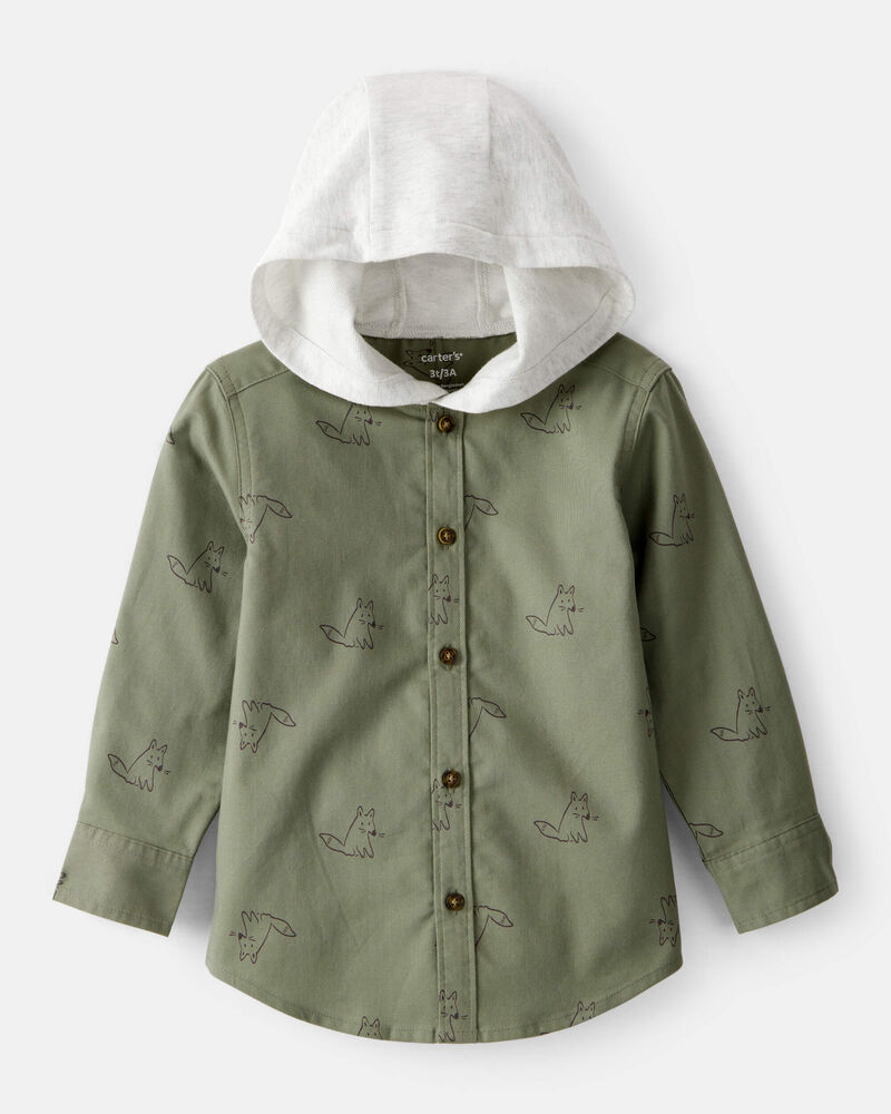 Toddler Boy Racoon Print Cotton Long-Sleeve Hooded Button-Down Shirt - Green, image 1 of 3 slides