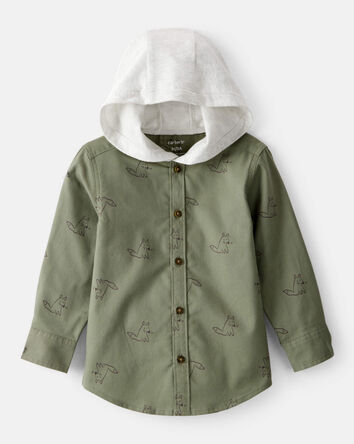 Toddler Boy Racoon Print Cotton Long-Sleeve Hooded Button-Down Shirt - Green, 