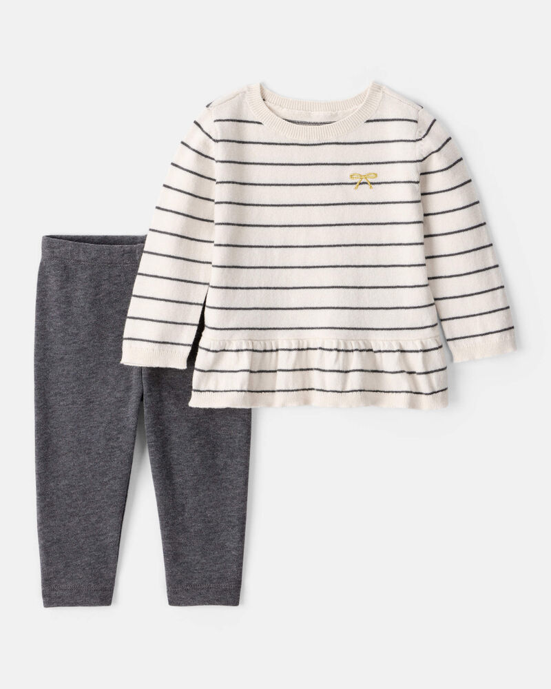 Baby Girl Bow Striped Long-Sleeve Tee & Pant Set - White/Grey, image 1 of 5 slides