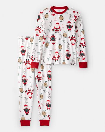 Adult Beige Santa Milk & Cookies 100% Cotton Long-Sleeve Snug Fit 2-Piece Pajamas - White, 