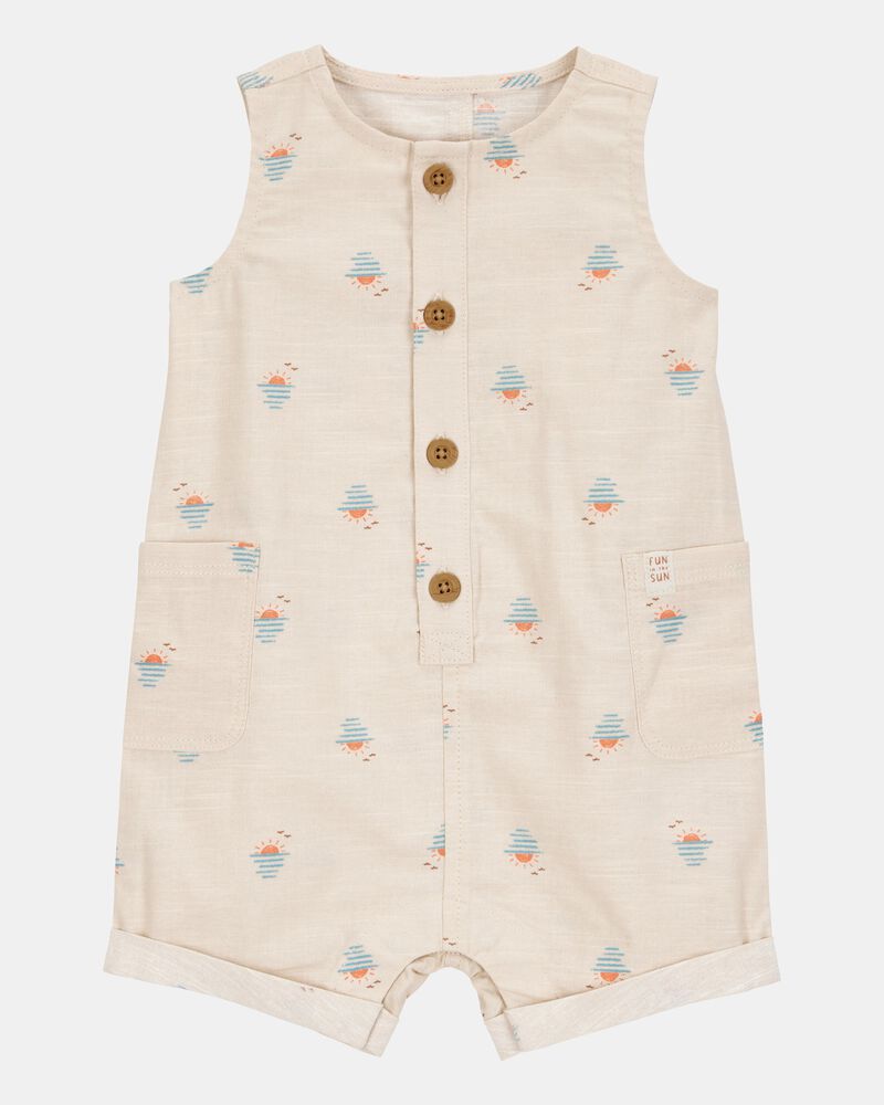 Baby Boy Button-Front Sunset Print Sleeveless Romper - Tan, image 1 of 3 slides