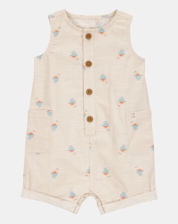 Baby Boy Button-Front Sunset Print Sleeveless Romper - Tan, 