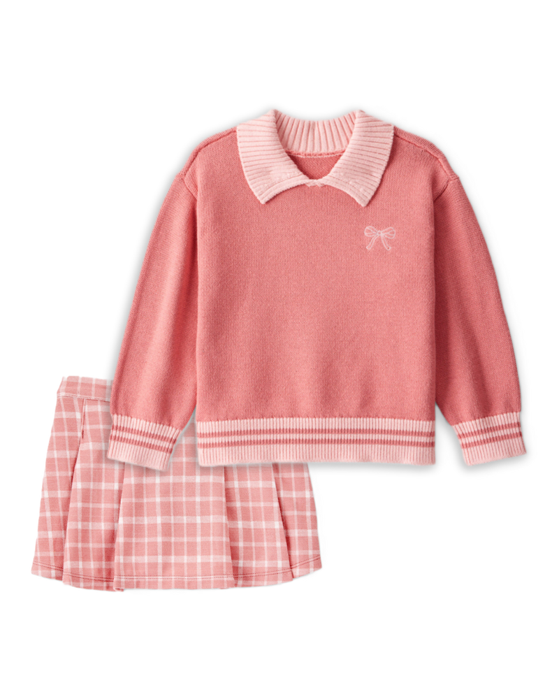 Baby Girl 2-Piece Bow Sweater & Plaid Skirt Set - Pink, image 1 of 7 slides