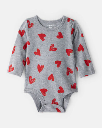 Baby Girl Heart Print Long-Sleeve Graphic Bodysuit - Grey, 