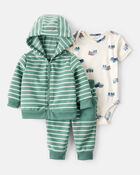 Baby Boy 3-Piece Construction Striped Print Hooded Zip-Up Jacket, Bodysuit & Pant Set - Green, image 1 of 5 slides