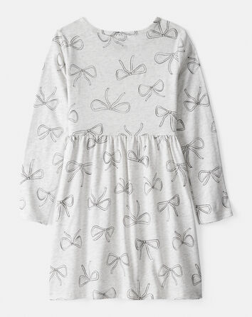 Girls Bow Print Long Sleeve Cotton Dress - Grey, 