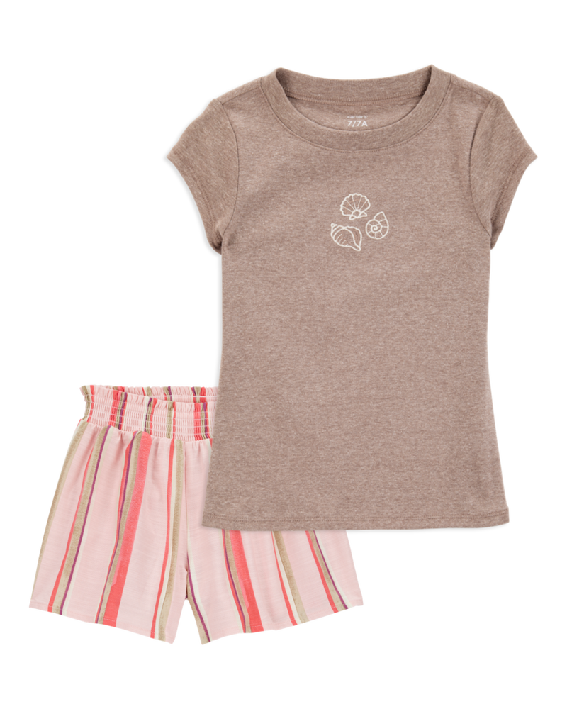 Kid 2-Piece Seashell Graphic Tee & Striped Linen Look-Alike Flowy Pull-On Shorts Set
, image 1 of 7 slides
