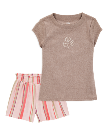 Kid 2-Piece Seashell Graphic Tee & Striped Linen Look-Alike Flowy Pull-On Shorts Set
, 