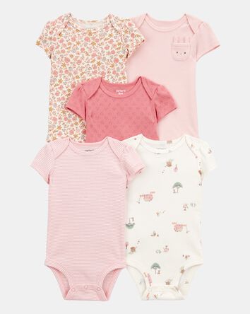 Baby Girl 5-Pack Floral Bunny Short-Sleeve Cotton Bodysuits - Pink, 