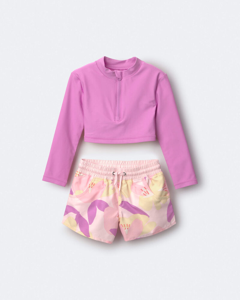Toddler Girl Cropped Long-Sleeve Rashguard Set in Tropical Print - Purple/Rose, image 2 of 6 slides