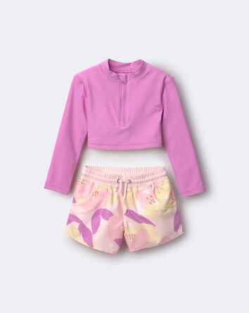 Toddler Girl Cropped Long-Sleeve Rashguard Set in Tropical Print - Purple/Rose, 