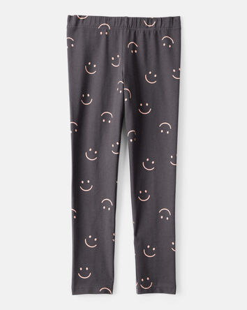 Girls Smiley Face Print Cotton Pull-On Stretch Leggings - Black, 