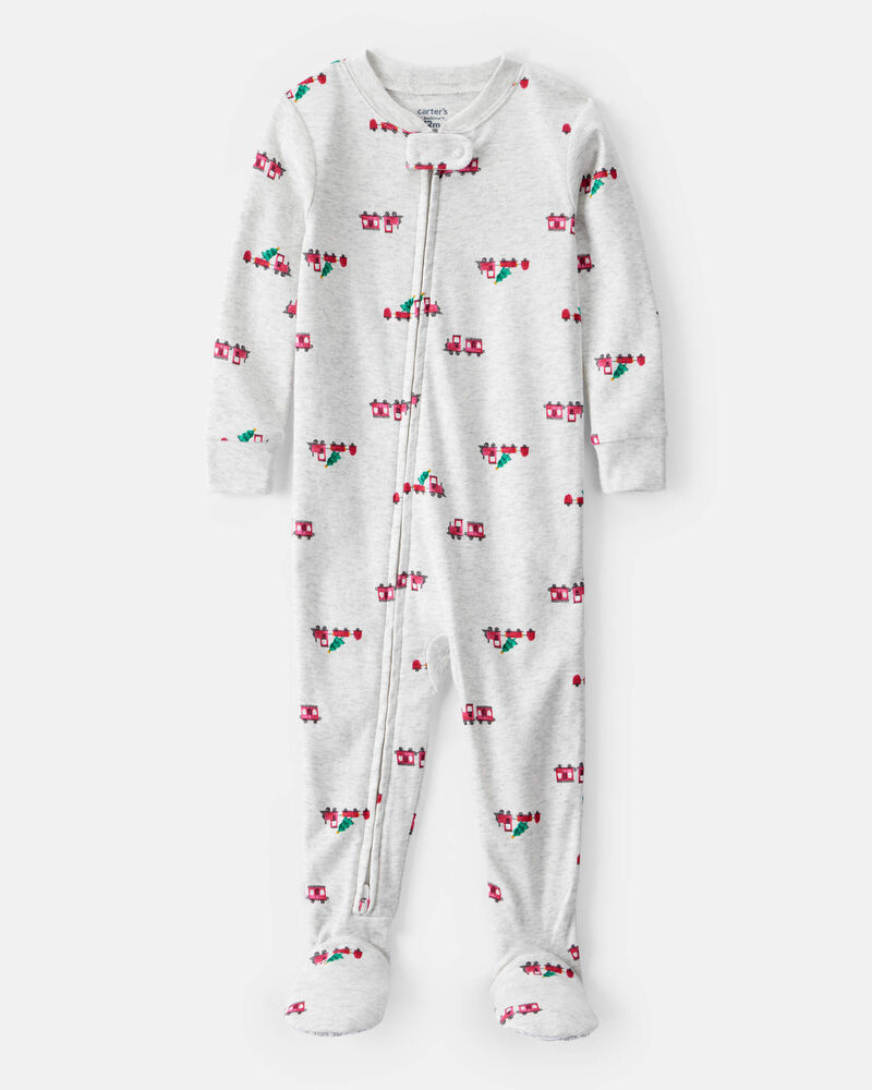 Baby Boy Train Print Cotton Long-Sleeve Snug Fit 1-Piece Pajamas - Grey, image 1 of 4 slides
