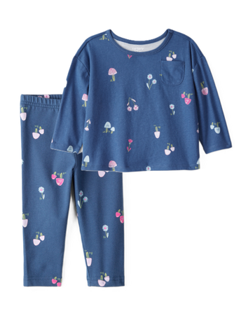 Toddler Girl 2-Piece Floral Cotton Top & Stretch Leggings Set - Blue, 