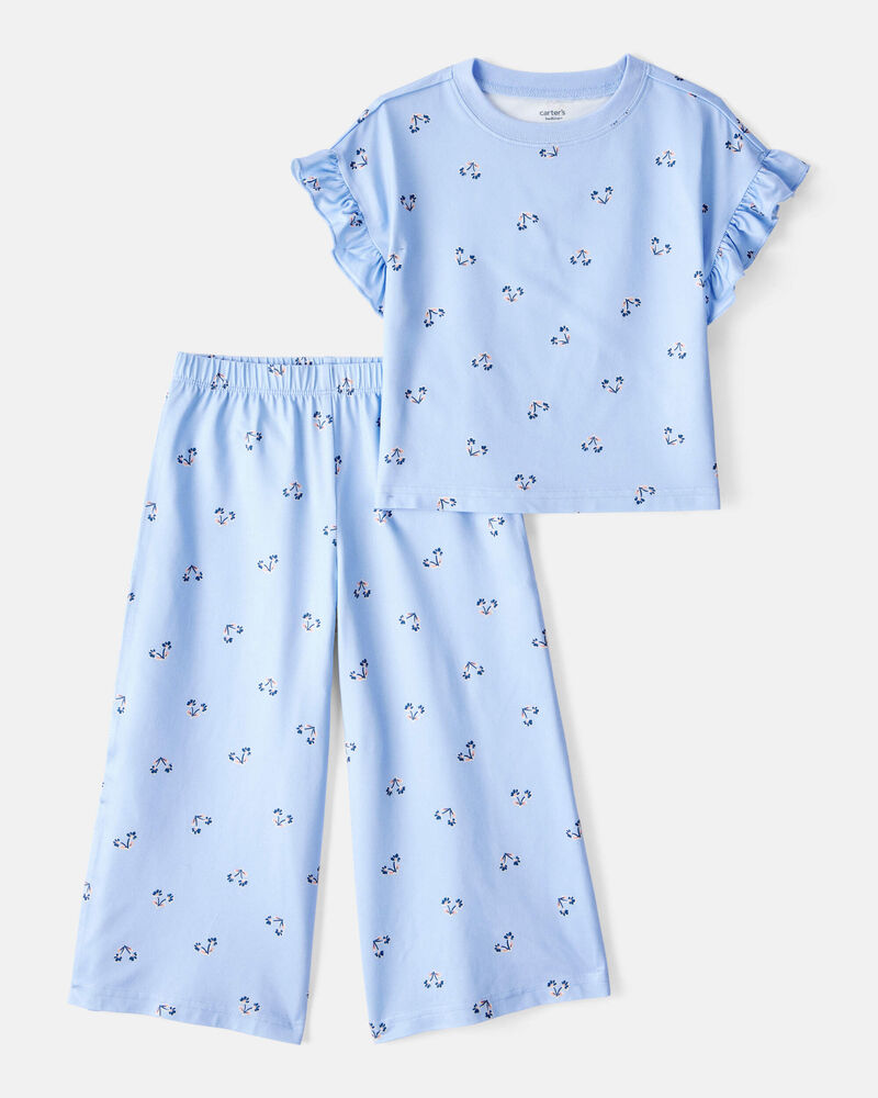 Toddler 2-Piece Floral Flutter-Sleeve Pajamas - Blue, image 1 of 3 slides