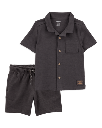 Baby 2-Piece Textured Button-Down Jacquard Shirt & Shorts Set - Brown/Black, 