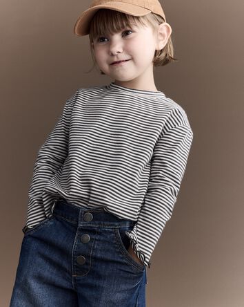 Toddler Girl Striped Ruffle Edge Long-Sleeve Top - Dark Grey/Ivory, 