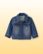 Baby Disney&copy; Winnie the Pooh Embroidered Knit-Like Denim Jacket with Back Art - Dark Wash, image 1 of 7 slides