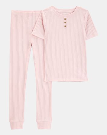 Kid Solid Ribbed Cotton Blend 2-Piece Pajamas - Pink, 