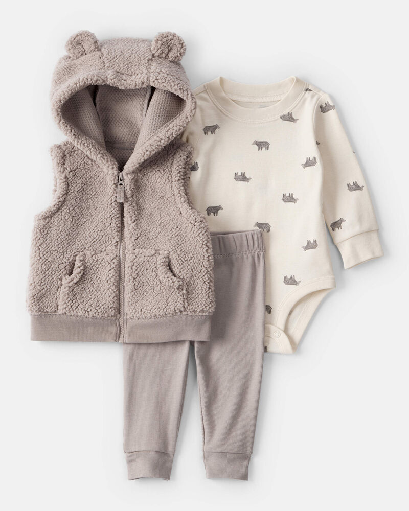 Baby Boy 3-Piece Bear Print Sleeveless Jacket, Bodysuit & Pant Set - Tan/Ivory, image 1 of 5 slides