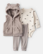 Baby Boy 3-Piece Bear Print Sleeveless Jacket, Bodysuit & Pant Set - Tan/Ivory, image 1 of 5 slides