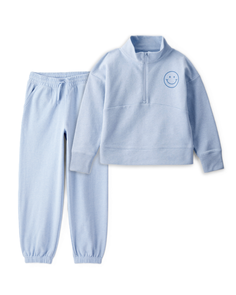 Girls 2-Piece Smiley Face Pullover Sweatshirt & Joggers Set - Blue, image 1 of 6 slides