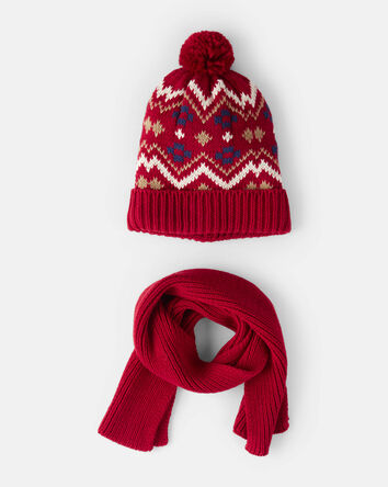 Kid 2-Piece Fair Isle Winter Hat & Scarf - Red, 