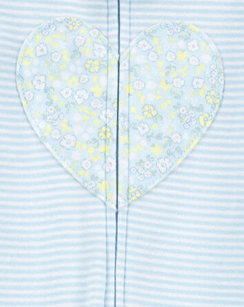 Baby Girl Heart Striped Snug Fit Cotton Footie 1-Piece Pajamas - Blue, 