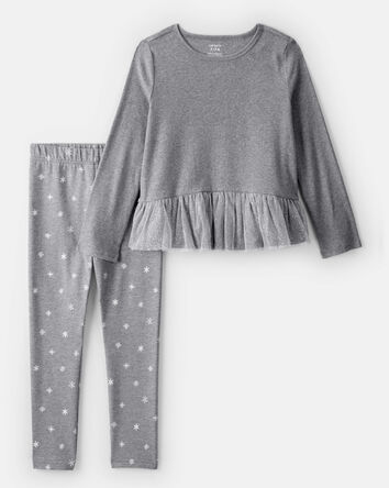 Girls 2-Piece Snowflake Print Long-Sleeve Tee & Pant Set - Grey, 