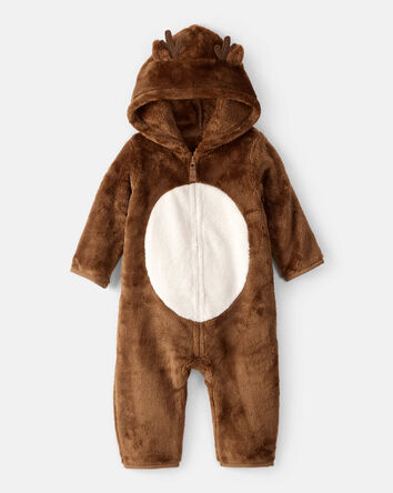 Baby Reindeer Sherpa Hooded Jumpsuit - Brown, 