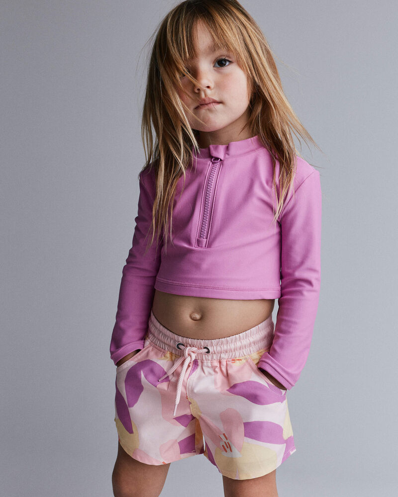 Toddler Girl Cropped Long-Sleeve Rashguard Set in Tropical Print - Purple/Rose, image 1 of 6 slides