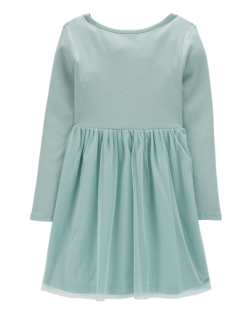 Kid Tulle Long-Sleeve Ribbed Dress, 