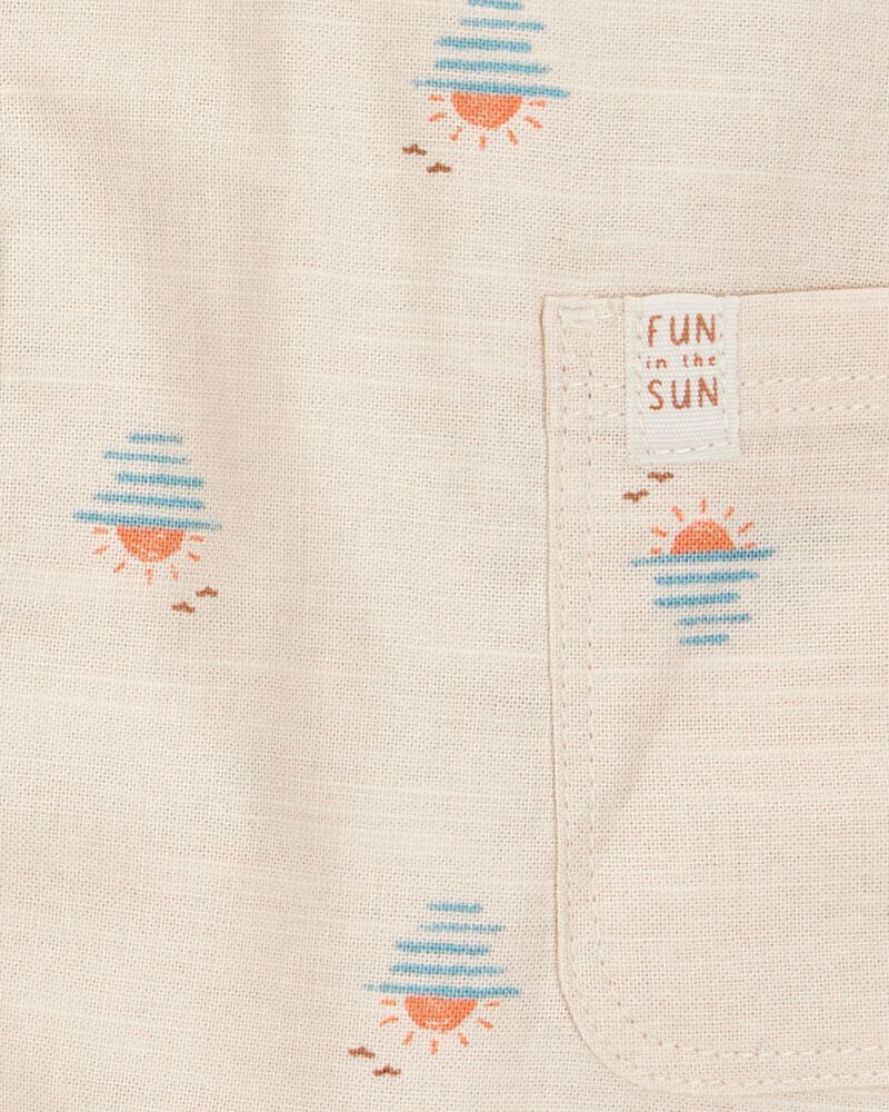 Baby Boy Button-Front Sunset Print Sleeveless Romper - Tan, image 2 of 3 slides