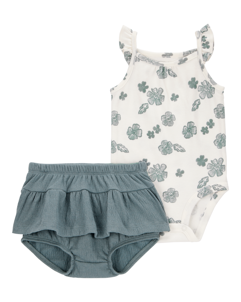 Baby 2-Piece Flutter-Sleeve Floral Bodysuit & Short Set - Ivory/Green, image 1 of 3 slides