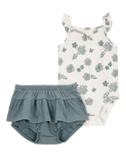 Baby 2-Piece Flutter-Sleeve Floral Bodysuit & Short Set - Ivory/Green, image 1 of 3 slides