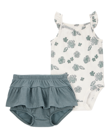 Baby 2-Piece Flutter-Sleeve Floral Bodysuit & Short Set - Ivory/Green, 