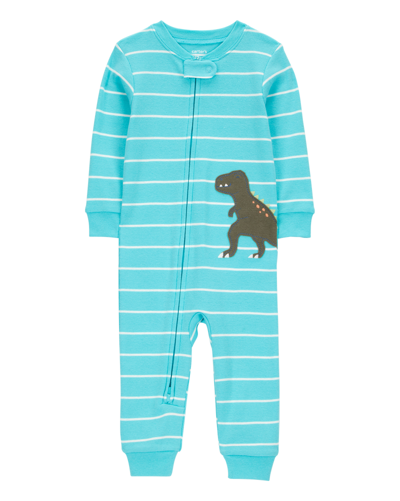 Baby Boy 1-Piece Striped Dinosaur 100% Snug Fit Cotton Footless Pajamas - Turquoise, image 1 of 3 slides