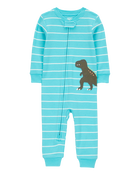 Baby Boy 1-Piece Striped Dinosaur 100% Snug Fit Cotton Footless Pajamas - Turquoise, image 1 of 3 slides