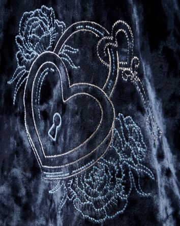 Girls Heart Embroidered Hooded Velour Top - Blue, 