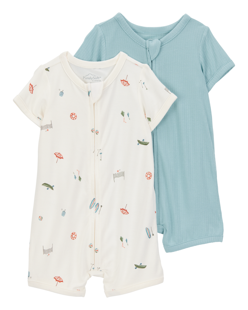 Baby Boy 2-Pack PurelySoft Zip-Up Rompers - Blue/Ivory, image 1 of 6 slides