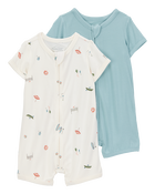 Baby Boy 2-Pack PurelySoft Zip-Up Rompers - Blue/Ivory, image 1 of 6 slides