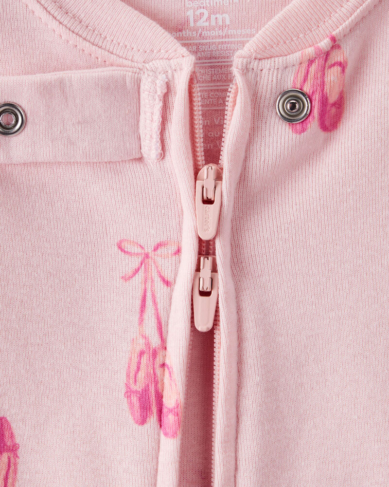 Baby Girl Ballet Print 100% Cotton Long-Sleeve 2-Way Zip 1-Piece Pajamas - Pink, image 2 of 5 slides